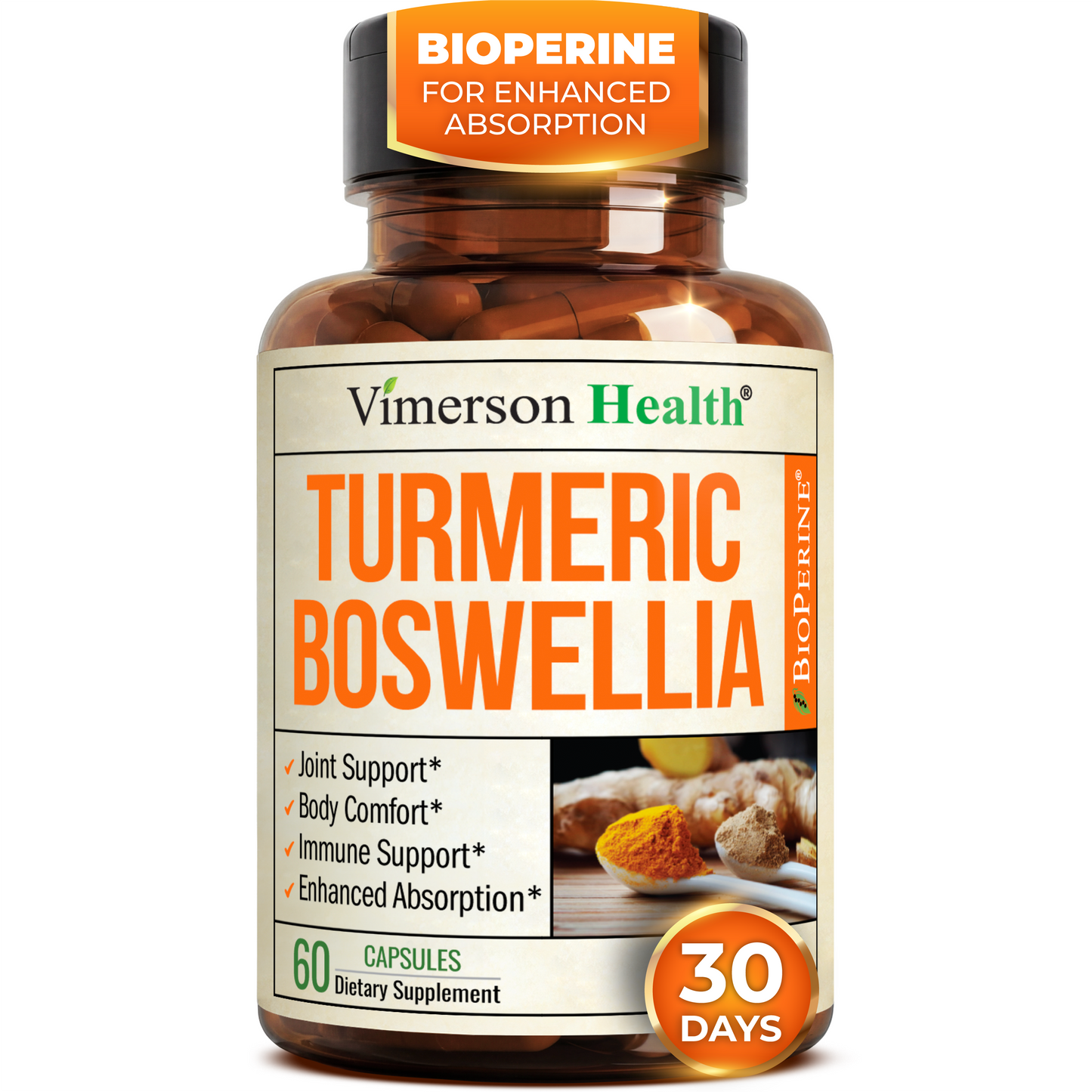 Boswellia Serrata Turmeric Supplement for Joint Support & Inflammation Balance – Turmeric Boswellia Supplement with Ginger & Black Pepper Extract for Enhanced Absorption – Non-GMO - 60 Capsules