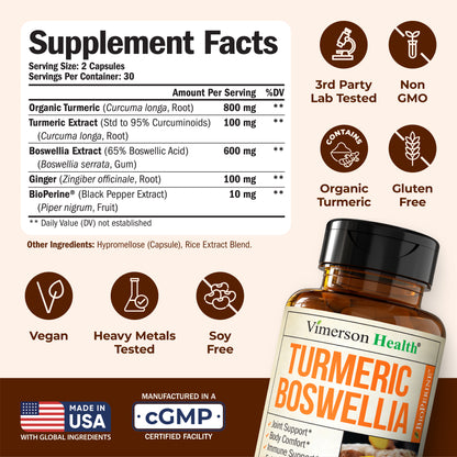 Turmeric Curcumin Supplement with Boswellia Serrata, Ginger, Organic Turmeric Powder & Bioperine for Max Absorption - 95% Curcuminoids Turmeric Supplement - 60 Tumeric Boswellia Extract Capsules