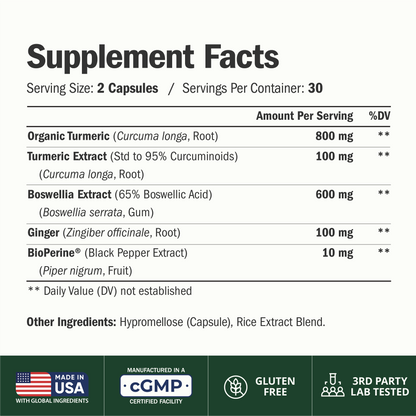 Boswellia Serrata Turmeric Curcumin Supplement: Organic Tumeric, Boswellia Extract, Ginger & BioPerine for Max Absorption – Inflammation & Joint Supplements for Men & Women – Non-GMO – 60 Capsules