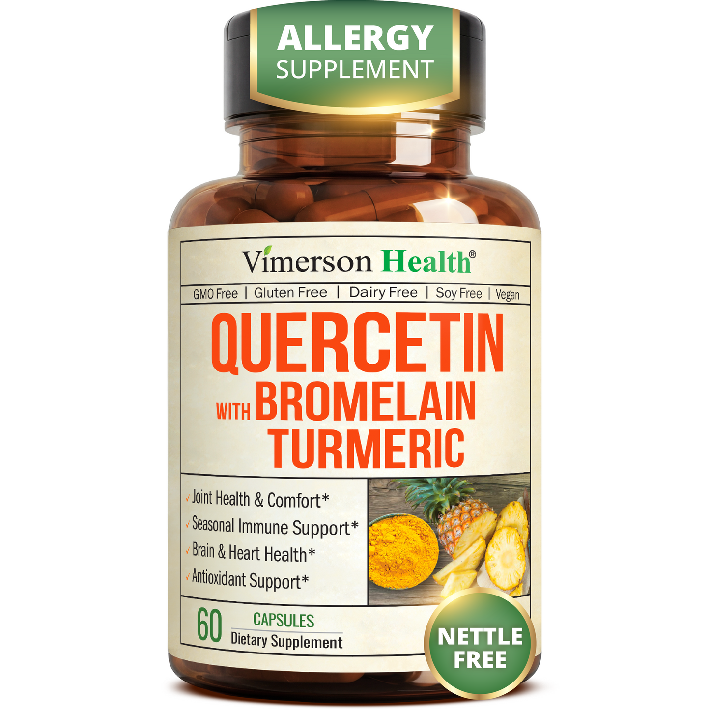 Quercetin with Bromelain Turmeric Curcumin Supplement – Triple Action: Allergy Relief, Inflammation and Joint Support with Organic Tumeric + Bioperine for Max Absorption – 60 Quercetin 500mg Capsules