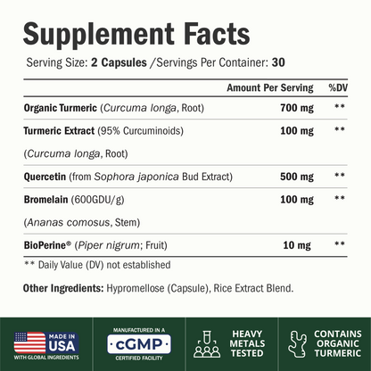 Quercetin with Bromelain Turmeric Curcumin Supplement – Triple Action: Allergy Relief, Inflammation and Joint Support with Organic Tumeric + Bioperine for Max Absorption – 60 Quercetin 500mg Capsules
