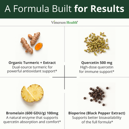 Quercetin with Bromelain Turmeric Curcumin Supplement – Triple Action: Allergy Relief, Inflammation and Joint Support with Organic Tumeric + Bioperine for Max Absorption – 60 Quercetin 500mg Capsules