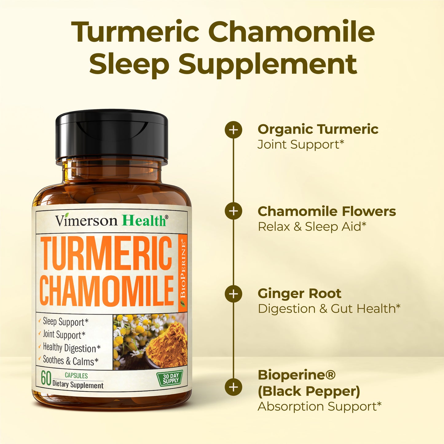 Turmeric Supplement & Chamomile Capsules for Sleep - Organic Turmeric Sleep Supplement with Chamomile Flowers Extract (Manzanilla) - Relaxation & Stress Support - Joint & Digestive Health. 60 Capsules