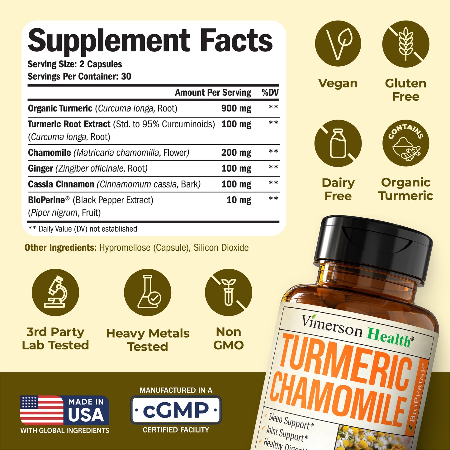 Turmeric Supplement & Chamomile Capsules for Sleep - Organic Turmeric Sleep Supplement with Chamomile Flowers Extract (Manzanilla) - Relaxation & Stress Support - Joint & Digestive Health. 60 Capsules