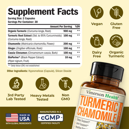 Turmeric Supplement & Chamomile Capsules for Sleep - Organic Turmeric Sleep Supplement with Chamomile Flowers Extract (Manzanilla) - Relaxation & Stress Support - Joint & Digestive Health. 60 Capsules