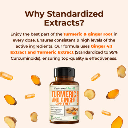 Turmeric Curcumin Supplement with Ginger Root for Joint Support, Digestive & Gut Health - Contains Organic Turmeric Curcumin with Black Pepper (Bioperine) for Enhanced Absorption - 60 Capsules