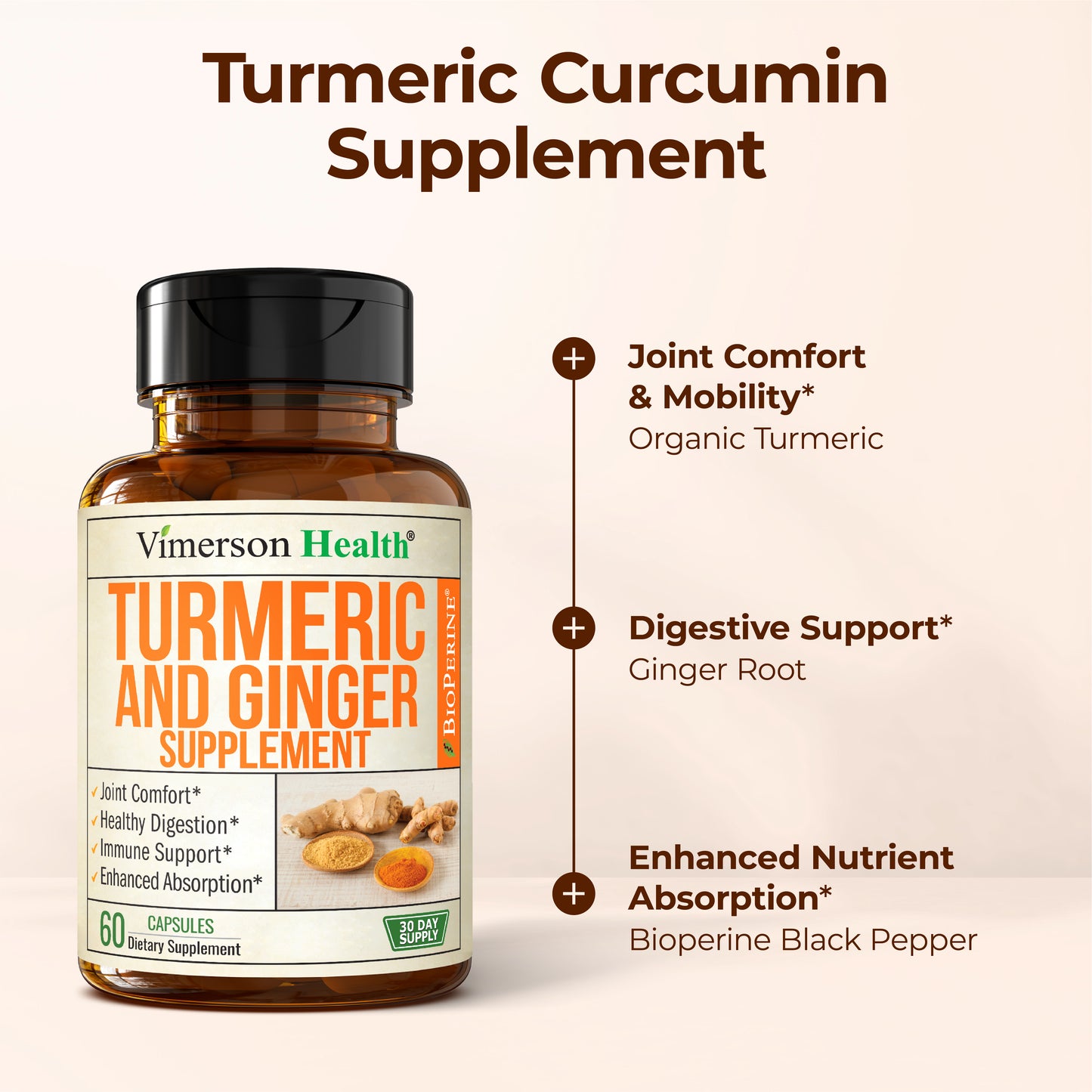 Turmeric Curcumin Supplement with Ginger Root for Joint Support, Digestive & Gut Health - Contains Organic Turmeric Curcumin with Black Pepper (Bioperine) for Enhanced Absorption - 60 Capsules