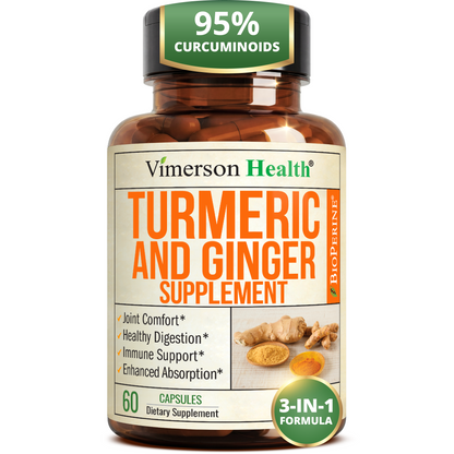 Turmeric and Ginger Supplement – Inflammation & Joint Support. 60 Capsules 4:1 Ginger Extract, Tumeric Extract (95% curcuminoids) + Organic Turmeric Curcumin with Black Pepper for Maximum Absorption