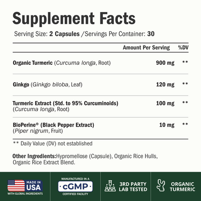 Ginko Biloba Capsules with Ginkgo Biloba 120mg & Organic Turmeric for Joint Support, Focus and Brain Health – Gingo Biloba Supplement with Black Pepper (Bioperine) for Max Absorption – 60 Count