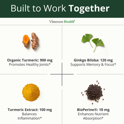 Ginko Biloba Capsules with Ginkgo Biloba 120mg & Organic Turmeric for Joint Support, Focus and Brain Health – Gingo Biloba Supplement with Black Pepper (Bioperine) for Max Absorption – 60 Count