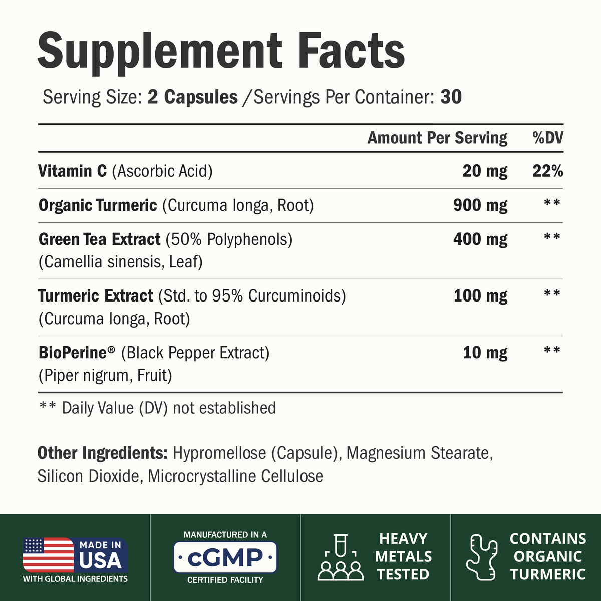 Turmeric Curcumin Supplement with Green Tea Extract & Bioperine 60 Capsules Green Tea Supplement 400mg, ECGC, Organic Turmeric, & Vitamin C for Antioxidant & Digestive Support, Easy to Swallow & Gentle