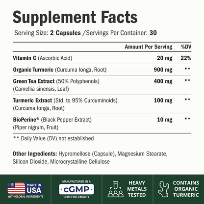 Turmeric Curcumin Supplement with Green Tea Extract & Bioperine 60 Capsules Green Tea Supplement 400mg, ECGC, Organic Turmeric, & Vitamin C for Antioxidant & Digestive Support, Easy to Swallow & Gentle