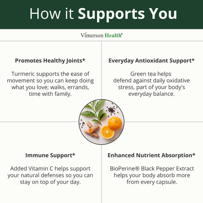 Turmeric Curcumin Supplement with Green Tea Extract & Bioperine 60 Capsules Green Tea Supplement 400mg, ECGC, Organic Turmeric, & Vitamin C for Antioxidant & Digestive Support, Easy to Swallow & Gentle