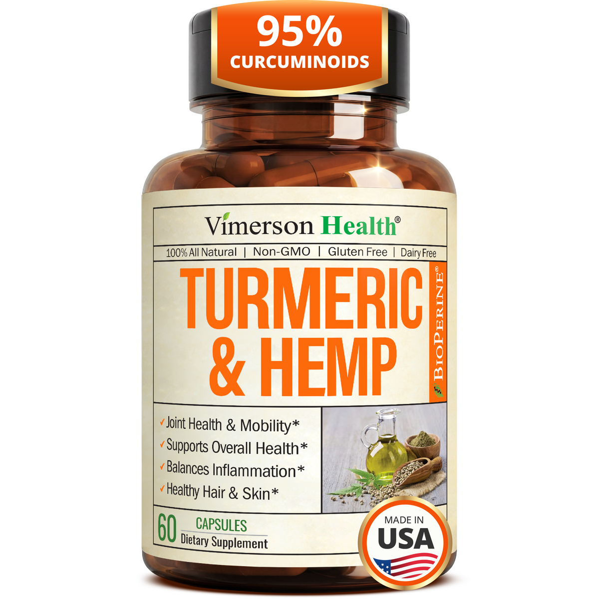 Turmeric Curcumin Supplement with Hemp Seeds & Lemon Balm Extract – 60 Caps | Calm & Sleep Support – with Black Pepper for Absorption – Natural Joint Supplement for Men & Women – Easy-Swallow Vegan Caps