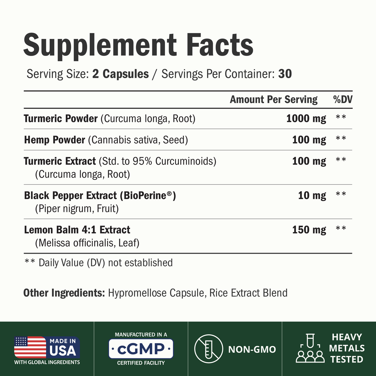 Turmeric Curcumin Supplement with Hemp Seeds & Lemon Balm Extract – 60 Caps | Calm & Sleep Support – with Black Pepper for Absorption – Natural Joint Supplement for Men & Women – Easy-Swallow Vegan Caps