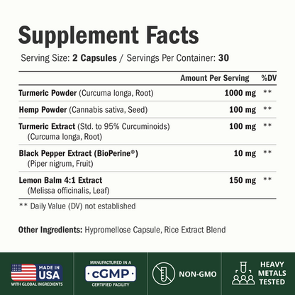 Turmeric Curcumin Supplement with Hemp Seeds & Lemon Balm Extract – 60 Caps | Calm & Sleep Support – with Black Pepper for Absorption – Natural Joint Supplement for Men & Women – Easy-Swallow Vegan Caps