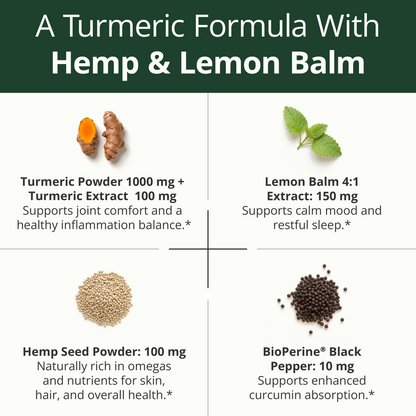 Turmeric Curcumin Supplement with Hemp Seeds & Lemon Balm Extract – 60 Caps | Calm & Sleep Support – with Black Pepper for Absorption – Natural Joint Supplement for Men & Women – Easy-Swallow Vegan Caps