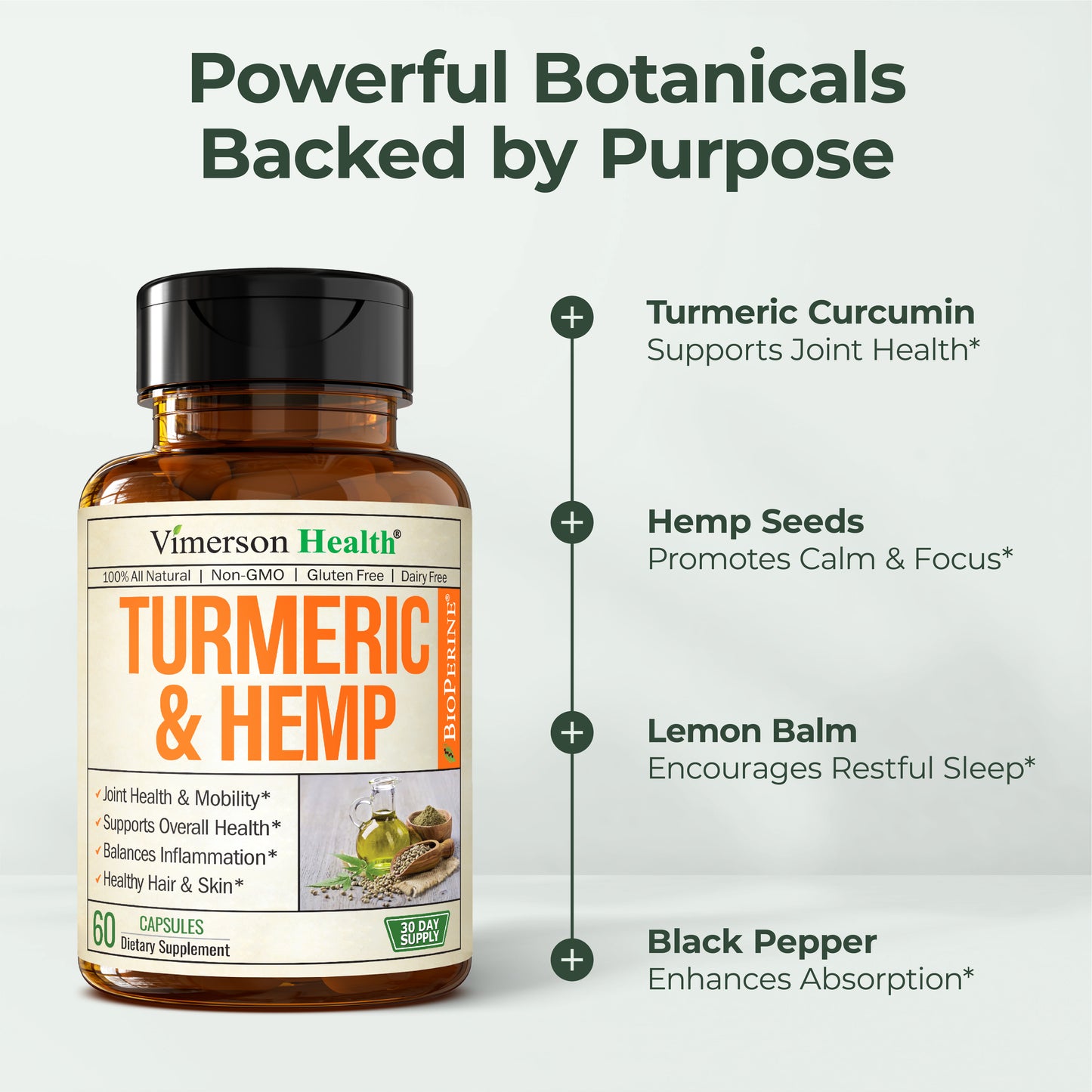 Turmeric Curcumin Supplement with Hemp Seeds & Lemon Balm Extract – Joint Health & Mobility – with Black Pepper for Absorption – Natural Joint Supplement for Men & Women