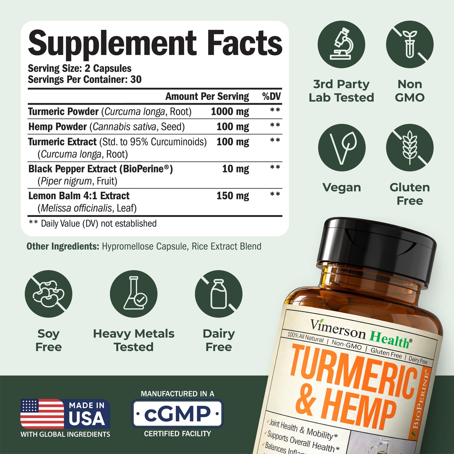 Turmeric Curcumin Supplement with Hemp Seeds & Lemon Balm Extract – Joint Health & Mobility – with Black Pepper for Absorption – Natural Joint Supplement for Men & Women