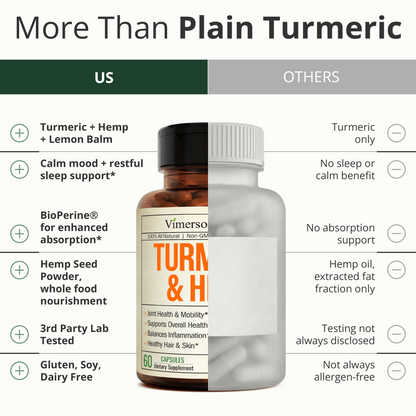 Turmeric Curcumin Supplement with Hemp Seeds & Lemon Balm Extract – 60 Caps | Calm & Sleep Support – with Black Pepper for Absorption – Natural Joint Supplement for Men & Women – Easy-Swallow Vegan Caps