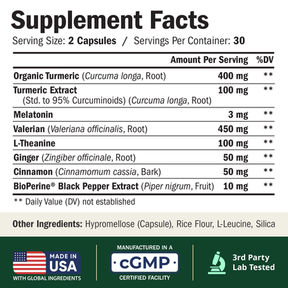 Valerian Root for Sleep – Melatonin 3mg Sleep Aid with L-Theanine – Organic Turmeric Curcumin Supplement with Ginger & Black Pepper for Daily Calm and Stress Relief Support – 60 Capsules