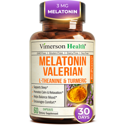 Valerian Root for Sleep – Melatonin 3mg Sleep Aid with L-Theanine – Organic Turmeric Curcumin Supplement with Ginger & Black Pepper for Daily Calm and Stress Relief Support – 60 Capsules