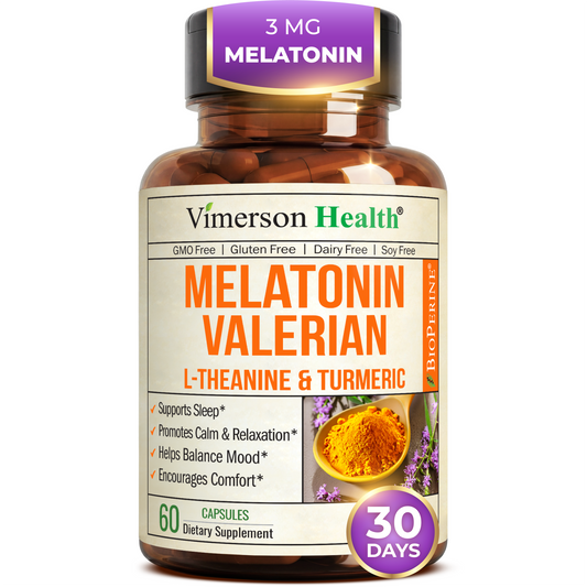 Melatonin 3mg Sleep Aid with L-Theanine & Valerian Root – Turmeric Curcumin Supplement with Ginger & Black Pepper – Organic Turmeric Supplement for Sleep, Calm and Stress Relief Support – 60 Capsules