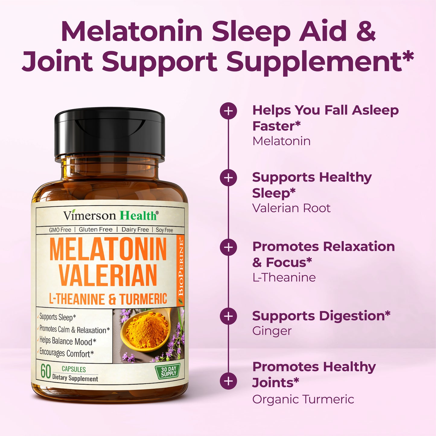 Melatonin Sleep Aid with L Theanine & Valerian Root – Turmeric Supplement – Turmeric Curcumin with Ginger & Black Pepper – L-Theanine & Melatonin 3mg for Sleep, Calm and Stress Relief – 60 Capsules