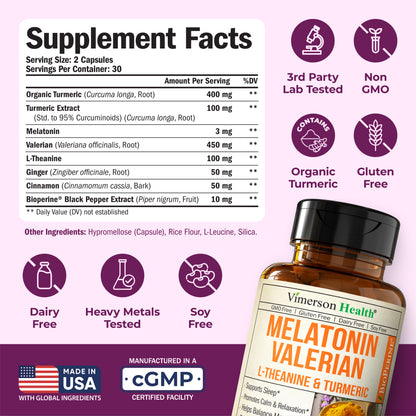Melatonin Sleep Aid with L Theanine & Valerian Root – Turmeric Supplement – Turmeric Curcumin with Ginger & Black Pepper – L-Theanine & Melatonin 3mg for Sleep, Calm and Stress Relief – 60 Capsules
