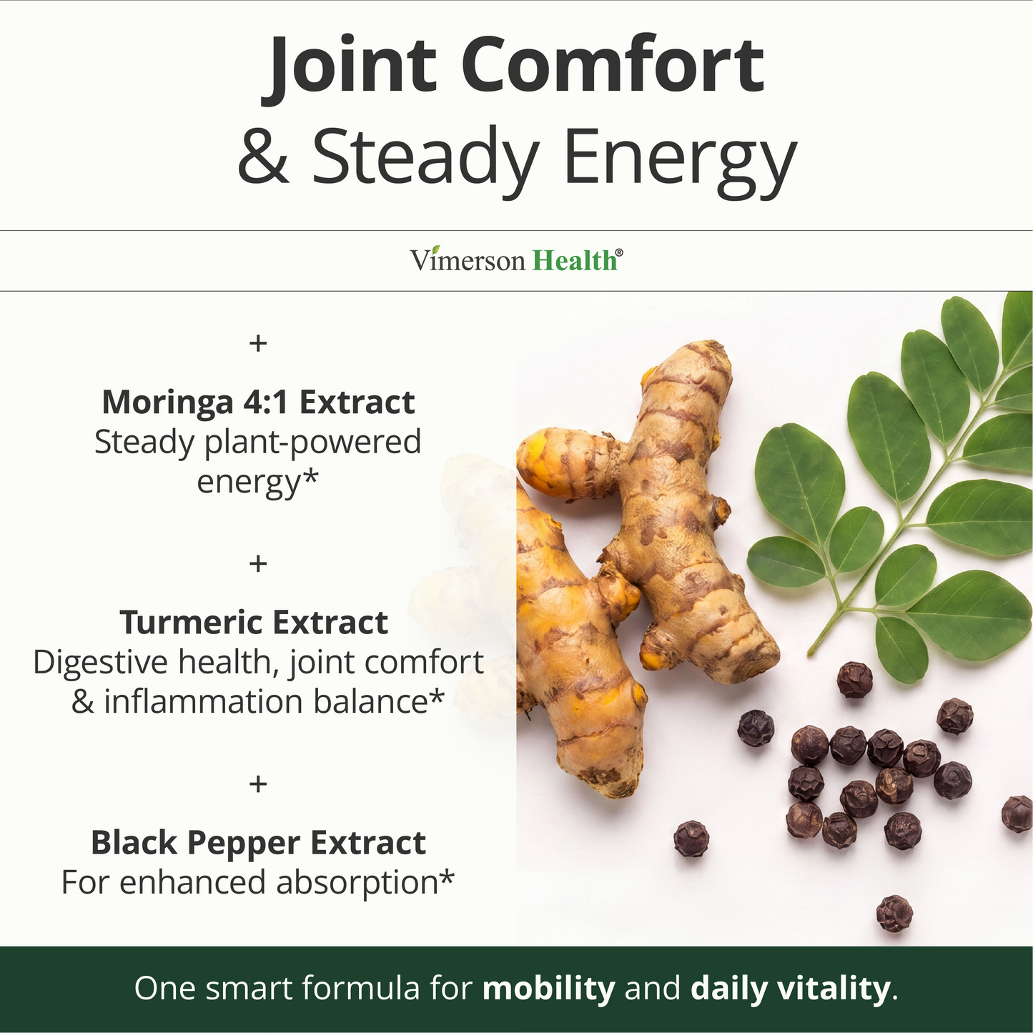 Moringa Capsules – 3-in-1 Turmeric Moringa Supplement with BioPerine (Black Pepper Extract) for Max Absorption – Potent 4:1 Moringa Oleifera Extract + Tumeric for Energy & Joint Support – 60 Capsules