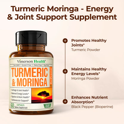 Moringa + Turmeric Curcumin Supplement for Joint Health, Gut Health, Energy and Immune Support - Total Wellness Formula - Tumeric Curcumin with Black Pepper & Moringa Pure Capsules - 60 Count