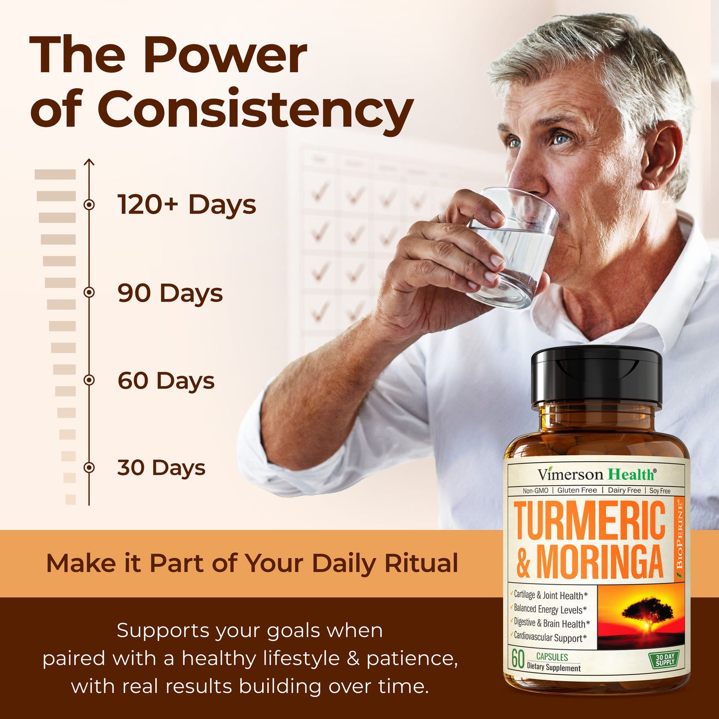 Moringa + Turmeric Curcumin Supplement for Joint Health, Gut Health, Energy and Immune Support - Total Wellness Formula - Tumeric Curcumin with Black Pepper & Moringa Pure Capsules - 60 Count