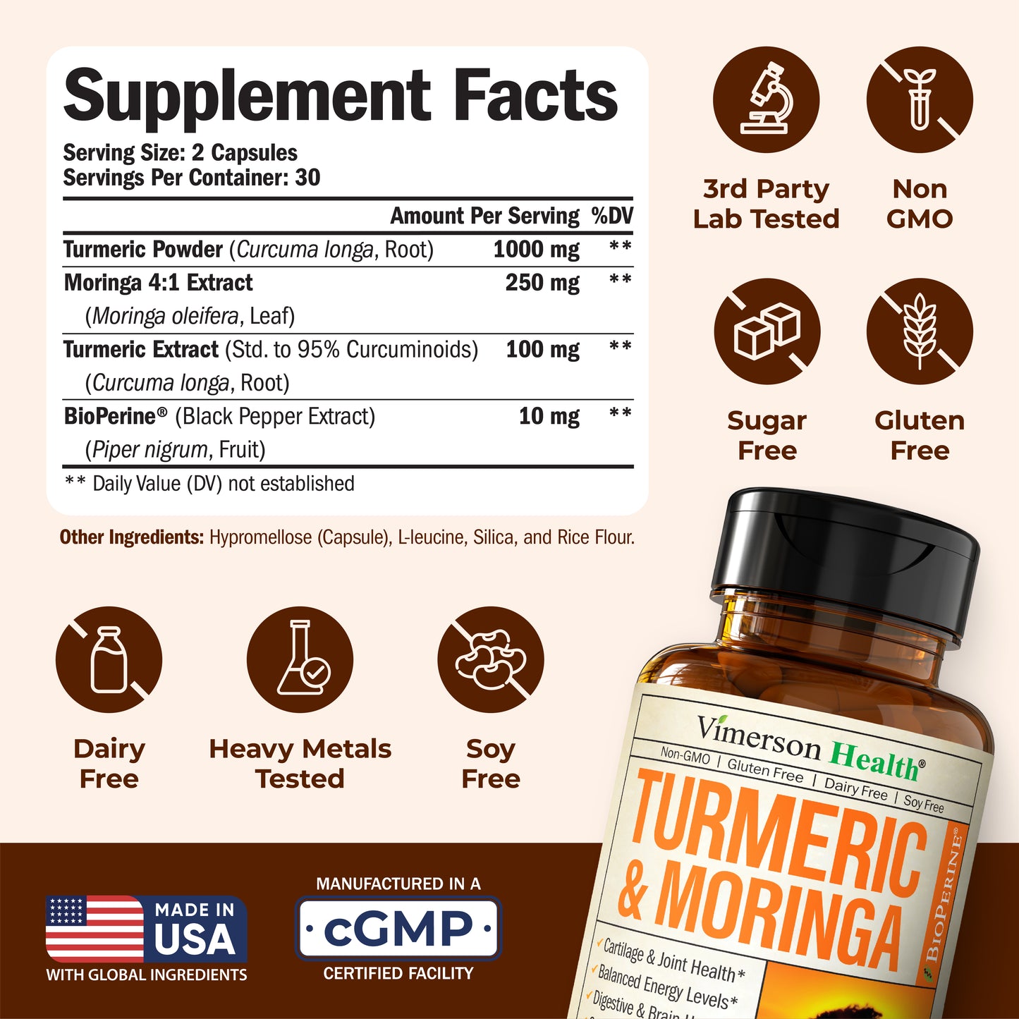 Moringa + Turmeric Curcumin Supplement for Joint Health, Gut Health, Energy and Immune Support - Total Wellness Formula - Tumeric Curcumin with Black Pepper & Moringa Pure Capsules - 60 Count