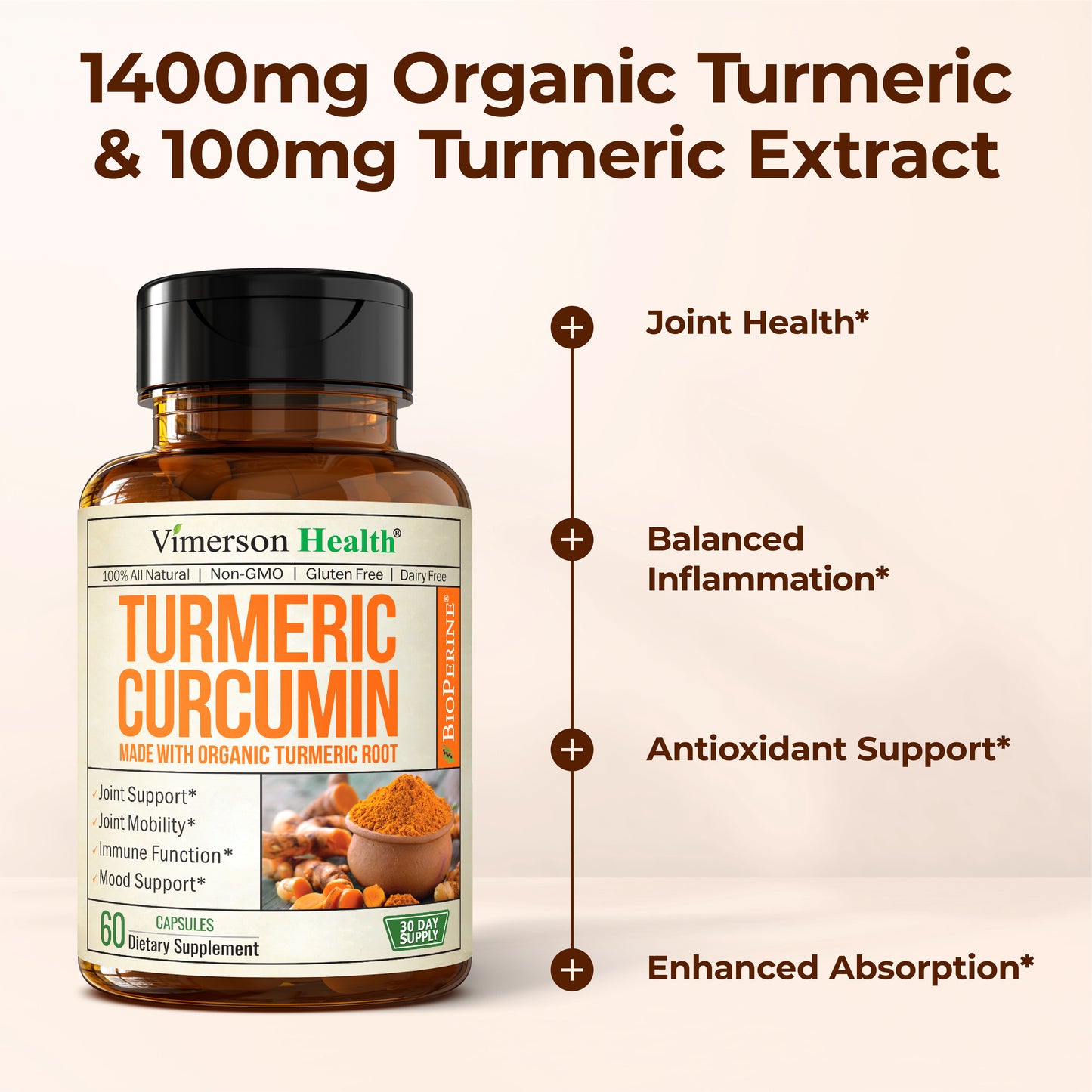 Turmeric Curcumin Supplement with Black Pepper Extract - High Potency Organic Turmeric 1400mg & 95% Curcuminoids for Joint & Digestive Health - Joint Support Supplement - 60 Vegan Curcuma Capsules