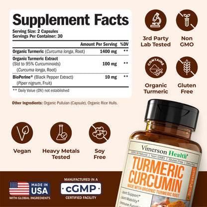 Turmeric Curcumin Supplement with Black Pepper Extract - High Potency Organic Turmeric 1400mg & 95% Curcuminoids for Joint & Digestive Health - Joint Support Supplement - 60 Vegan Curcuma Capsules