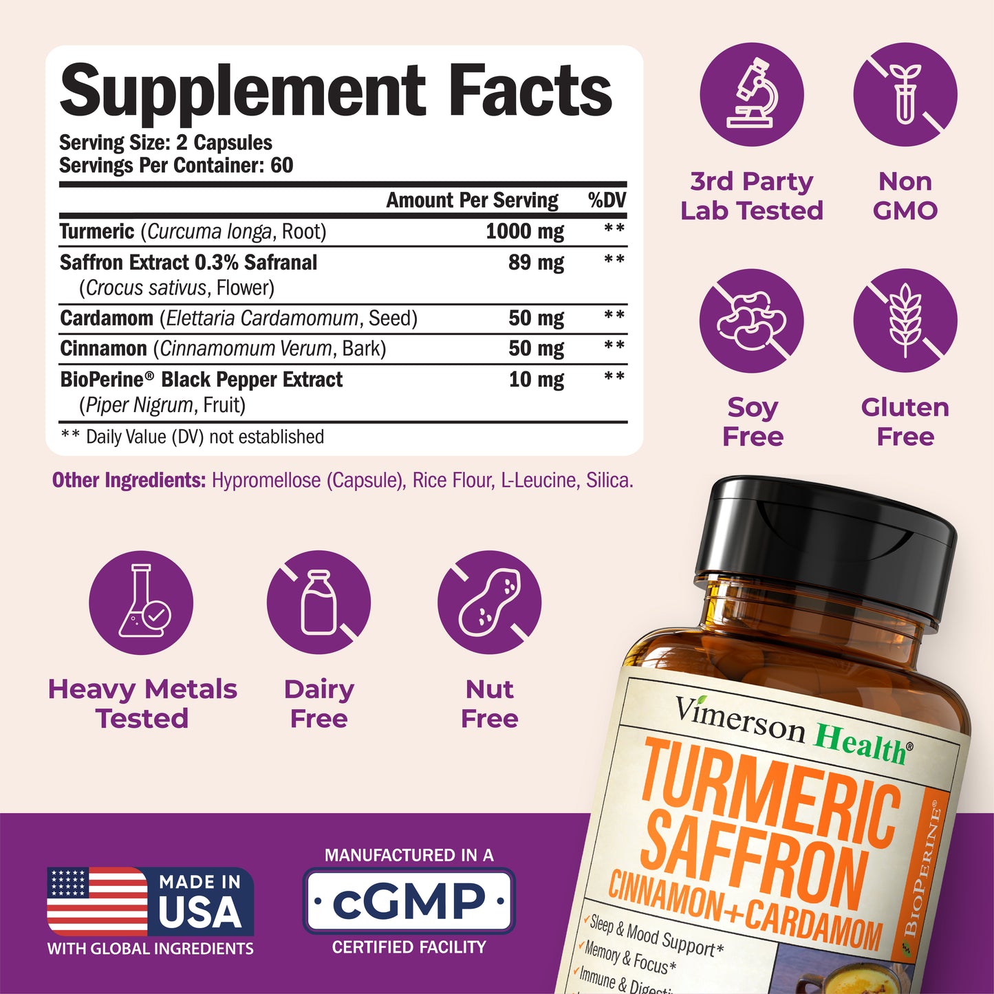 Saffron Supplements – 89mg Saffron Extract and 1000mg Tumeric Blend – Turmeric Supplement with Ceylon Cinnamon and Cardamom for Mood, Memory & Eye Health – Joint Supplements for Women & Men – 60 Count