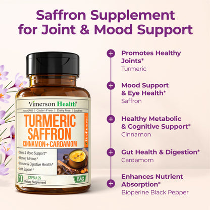 Saffron Supplements – 89mg Saffron Extract and 1000mg Tumeric Blend – Turmeric Supplement with Ceylon Cinnamon and Cardamom for Mood, Memory & Eye Health – Joint Supplements for Women & Men – 60 Count