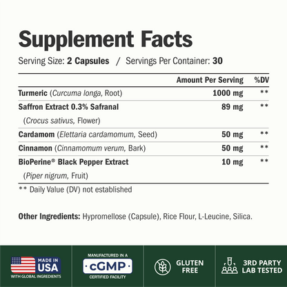 Saffron Supplements with Turmeric Curcumin, Saffron Extract (89mg), Ceylon Cinnamon, and Cardamom for Women and Men – Turmeric Supplement for Daily Inflammation, Mood & Joint Support – 60 Capsules