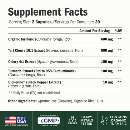 Tart Cherry Capsules – 4-in-1 Turmeric Tart Cherry Supplement for Uric Acid Balance & Joint Health – 10:1 Tart Cherry Extract Capsules with Celery Seed, Turmeric Curcumin & Black Pepper – 60 Count