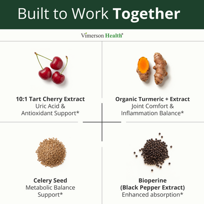 Tart Cherry Capsules – 4-in-1 Turmeric Tart Cherry Supplement for Uric Acid Balance & Joint Health – 10:1 Tart Cherry Extract Capsules with Celery Seed, Turmeric Curcumin & Black Pepper – 60 Count