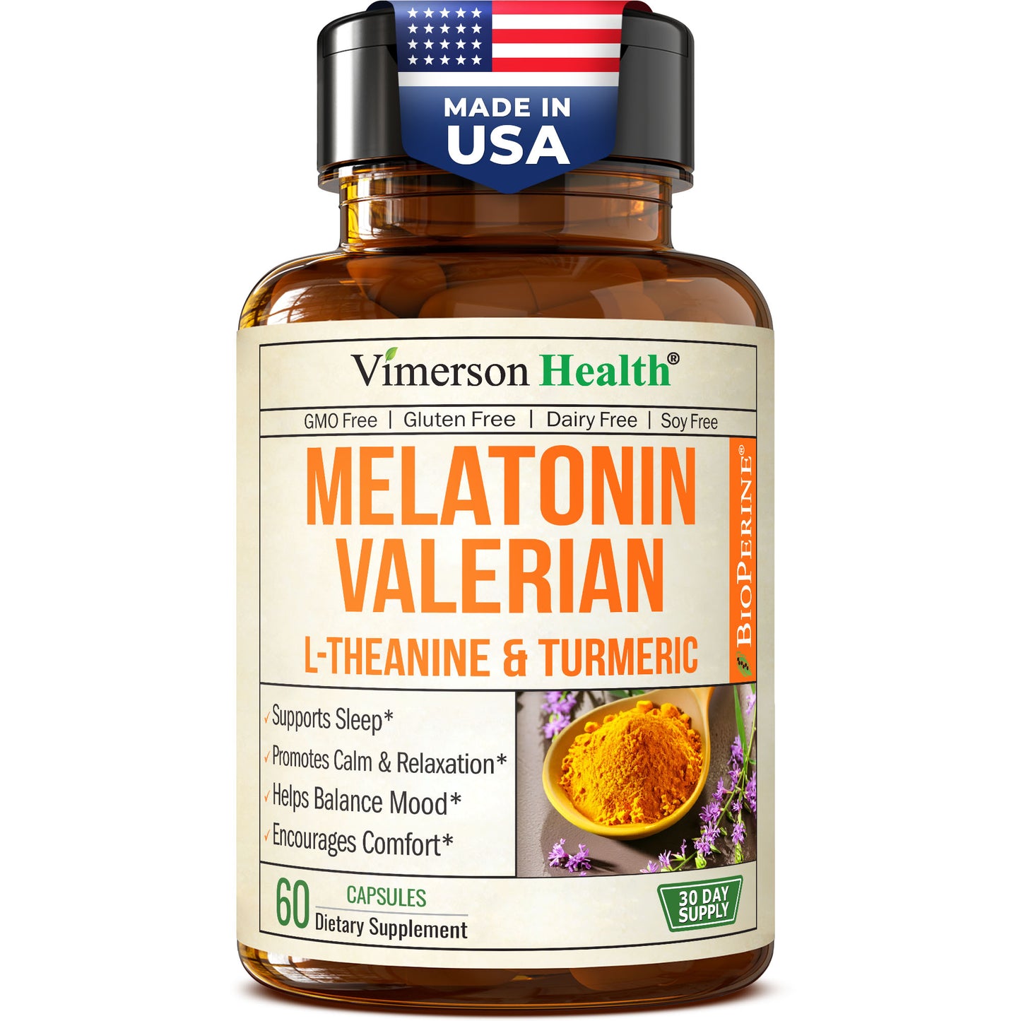 Melatonin Sleep Aid with L Theanine & Valerian Root – Turmeric Supplement – Turmeric Curcumin with Ginger & Black Pepper – L-Theanine & Melatonin 3mg for Sleep, Calm and Stress Relief – 60 Capsules