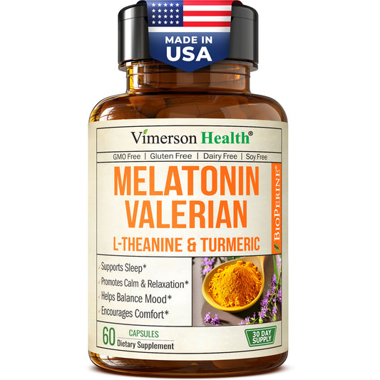 Melatonin Sleep Aid with L Theanine & Valerian Root – Turmeric Supplement – Turmeric Curcumin with Ginger & Black Pepper – L-Theanine & Melatonin 3mg for Sleep, Calm and Stress Relief – 60 Capsules