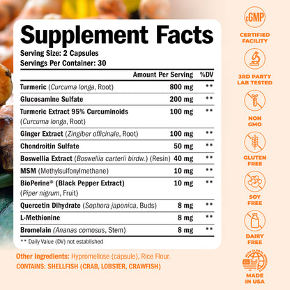 Turmeric Supplement with Glucosamine Chondroitin. Joint Supplements for Women & Men with Ginger, Boswellia, MSM & Tumeric Curcumin with Black Pepper (Bioperine). Aids Immune & Joint Support. 60 Caps