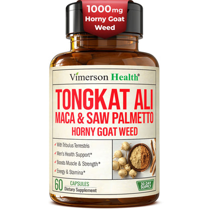 HornyGoatWeed for Men (1000mg per Serving) – Male Enhancing Supplement w/ Maca Root, Tongkat Ali, Saw Palmetto, Panax Ginseng, Tribulus Terrestris & L-Arginine for Energy, Drive & Strength, 60 Count