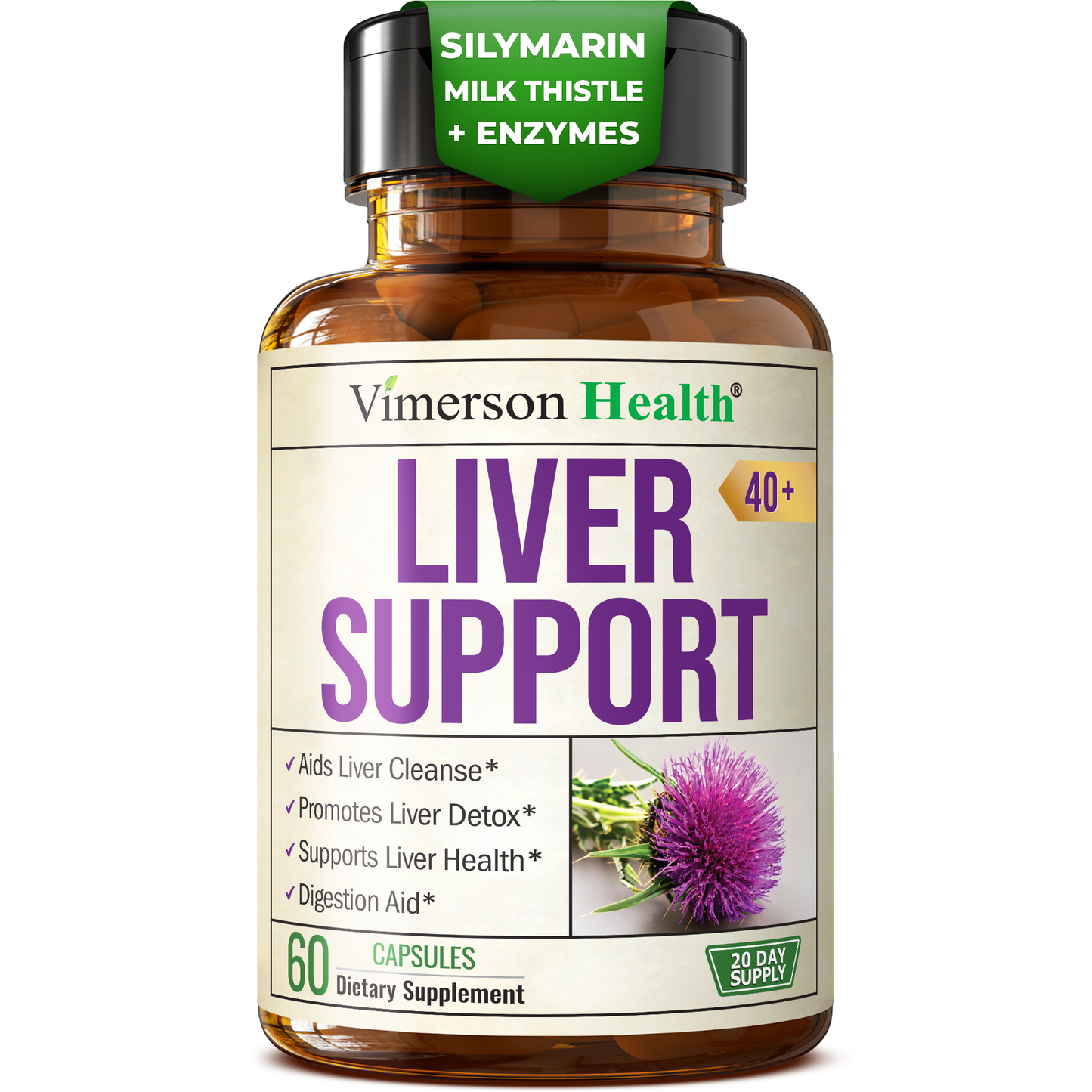 Liver Support with Artichoke Extract, Enzymes, Silymarin 50% Milk Thistle, Dandelion Root, Lipase & Protease, Solarplast® Antioxidants – Supports Detox, Digestion & Energy. 60 Capsules, 20 Day Supply