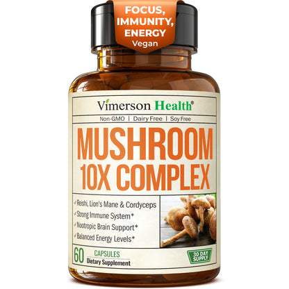 Mushroom 10x Complex with Lions Mane Extract, Turkey Tail, Cordyceps, Reishi, Shiitake, Chaga & Maitake for Cognitive Support – Vegan Mushroom Supplement Blend for Natural Energy & Focus – 60 Capsules