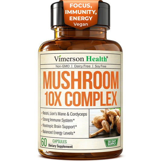 Mushroom 10x Complex with Lions Mane Extract, Turkey Tail, Cordyceps, Reishi, Shiitake, Chaga & Maitake for Cognitive Support – Vegan Mushroom Supplement Blend for Natural Energy & Focus – 60 Capsules