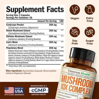 Mushroom 10x Complex with Lions Mane Extract, Turkey Tail, Cordyceps, Reishi, Shiitake, Chaga & Maitake for Cognitive Support – Vegan Mushroom Supplement Blend for Natural Energy & Focus – 60 Capsules