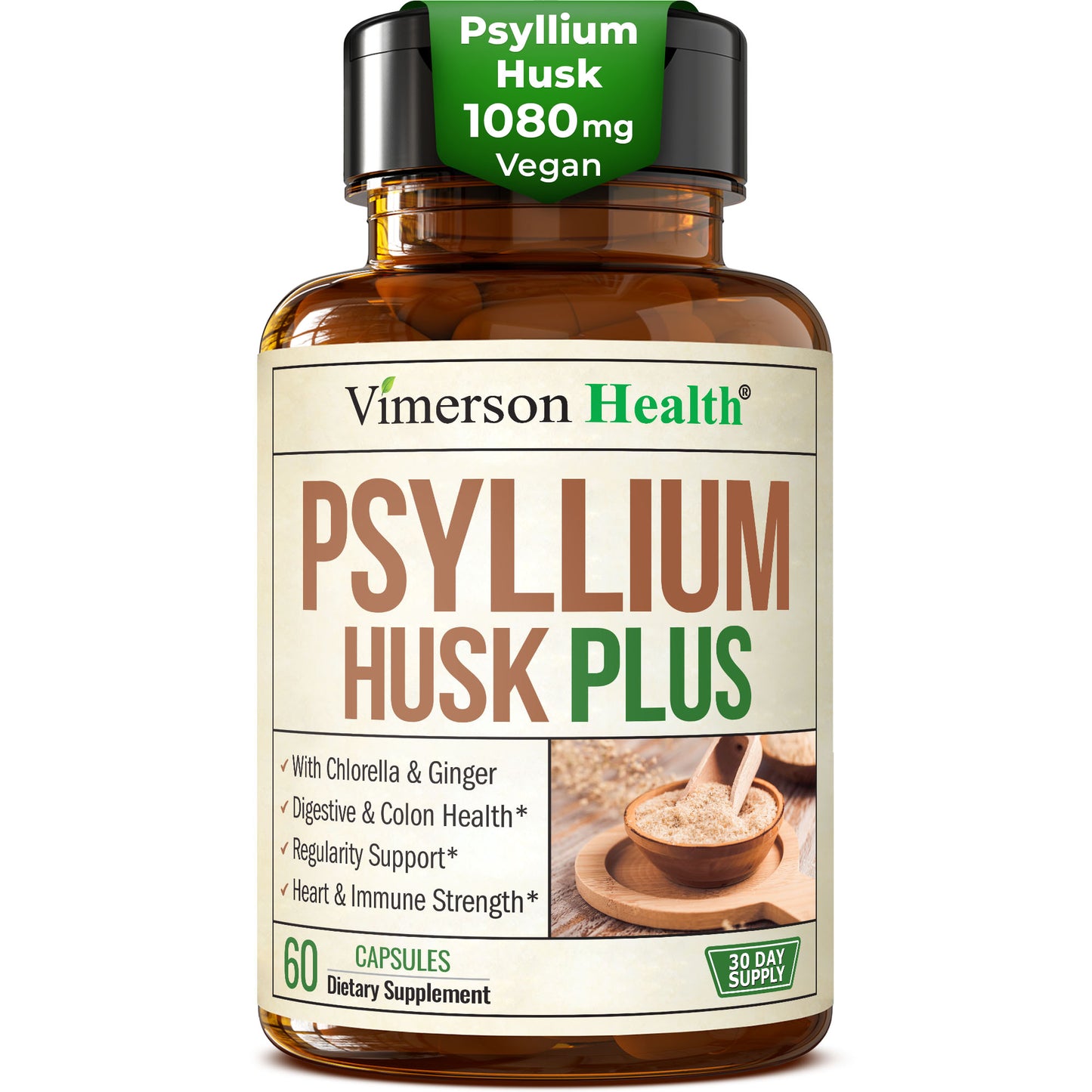 Fiber Supplement with 1080mg Psyllium Husk Powder, Slippery Elm for Women & Men, Ginger Root – High Fiber Pills for Regularity, Digestive & Gut Health – Gentle on Stomach 60 Psyllium Husk Capsules