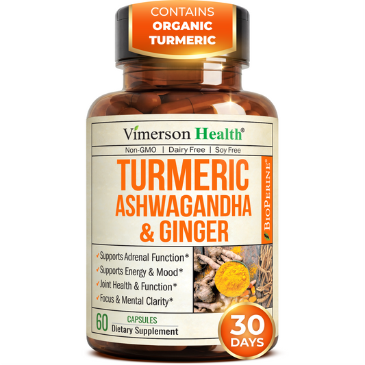 Ashwagandha Capsules with Organic Turmeric Curcumin, Ginger Root & Black Pepper – Daily Stress Relief Support, Joint Health, Energy & Mood Balance – 60 Ashwagandha Capsules for Women & Men